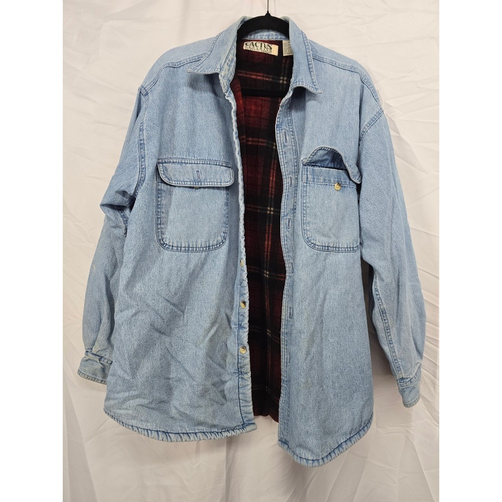 Cactus Clothing Mens L Denim‎ Shirt Jacket Plaid Fleece Lined Light Wash Vintage